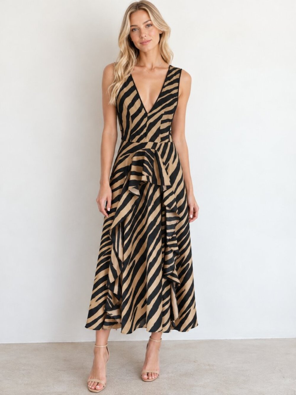 Topshop Black & Tan Zebra Print Ruffle Maxi Dress  Deep V Neck Sleeveless 2